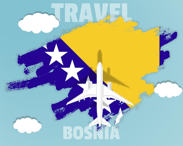 Reizen naar Bosnië bovenaanzicht passagiersvliegtuig op Bosnië vlag land toerisme banner idee