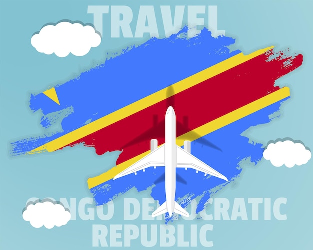 Reizen naar Congo bovenaanzicht passagiersvliegtuig op Congo DR vlag land toerisme banner idee