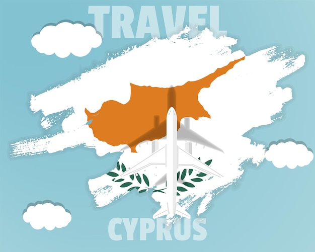 Reizen naar Cyprus bovenaanzicht passagiersvliegtuig op Cyprus vlag land toerisme banner idee