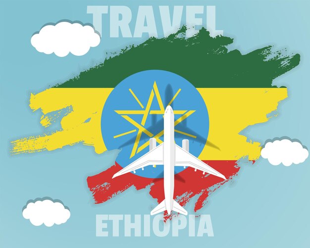 Reizen naar Ethiopië bovenaanzicht passagiersvliegtuig op Ethiopië vlag land toerisme banner idee