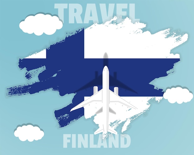 Reizen naar Finland bovenaanzicht passagiersvliegtuig op Finland vlag land toerisme banner idee