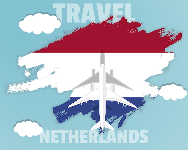 Reizen naar Nederland bovenaanzicht passagiersvliegtuig op Nederland vlag land toerisme banner idee