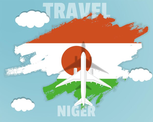 Reizen naar Niger bovenaanzicht passagiersvliegtuig op Niger vlag land toerisme banner idee