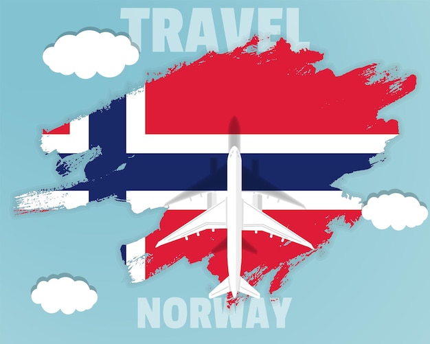 Reizen naar Noorwegen bovenaanzicht passagiersvliegtuig op Noorwegen vlag land toerisme banner idee