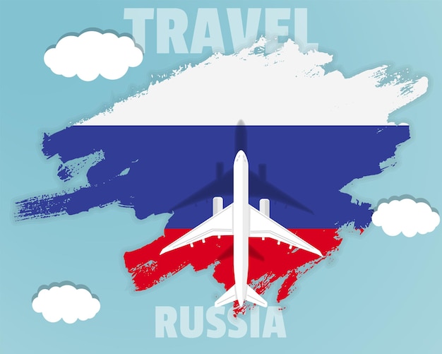 Reizen naar Rusland bovenaanzicht passagiersvliegtuig op Rusland vlag land toerisme banner idee