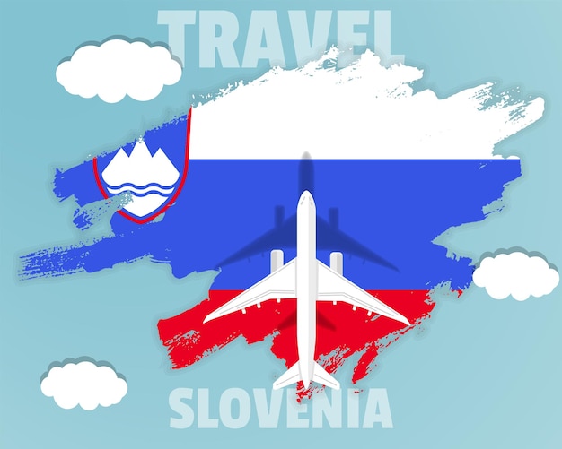 Reizen naar Slovenië bovenaanzicht passagiersvliegtuig op Slovenië vlag land toerisme banner idee