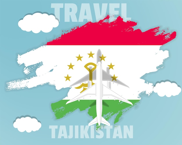 Reizen naar Tadzjikistan bovenaanzicht passagiersvliegtuig op Tadzjikistan vlag land toerisme banner idee