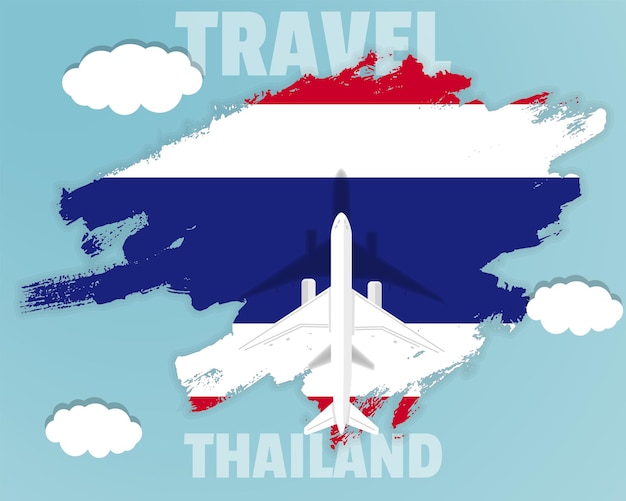 Reizen naar Thailand bovenaanzicht passagiersvliegtuig op Thailand vlag land toerisme banner idee