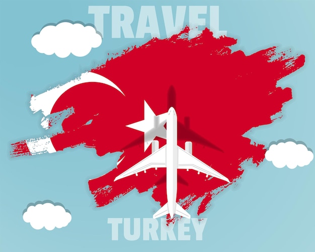 Vector reizen naar turkije bovenaanzicht passagiersvliegtuig op turkije vlag land toerisme banner idee