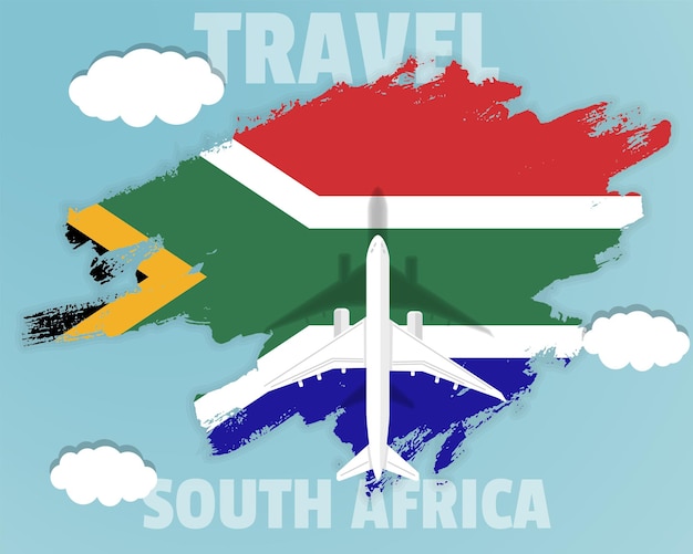 Reizen naar Zuid-Afrika bovenaanzicht passagiersvliegtuig op Zuid-Afrikaanse vlag land toerisme banner