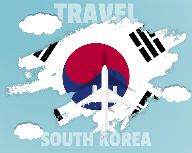 Reizen naar Zuid-Korea bovenaanzicht passagiersvliegtuig op Zuid-Korea vlag land toerisme banner idee