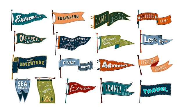 Reizen pennants zomerkamp laten gaan reizen en kamperen vlaggen avontuur en reizen banners vector