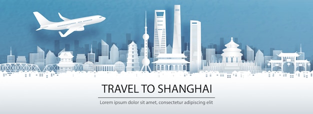 Reizen reclame met reizen naar Shanghai concept met panoramisch uitzicht