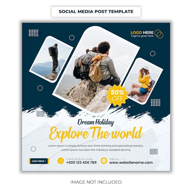 Reizen social media postsjabloon, tour vakantie vakantie Instagram post premium vector