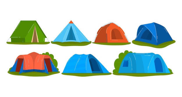 Reizen tent instellen kampeeruitrusting zomer outdoor avontuur ontwerp cartoon stijl vectorillustratie geïsoleerd op wit