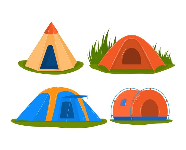 Reizen tent instellen kampeeruitrusting zomer outdoor avontuur ontwerp cartoon stijl vectorillustratie geïsoleerd op wit