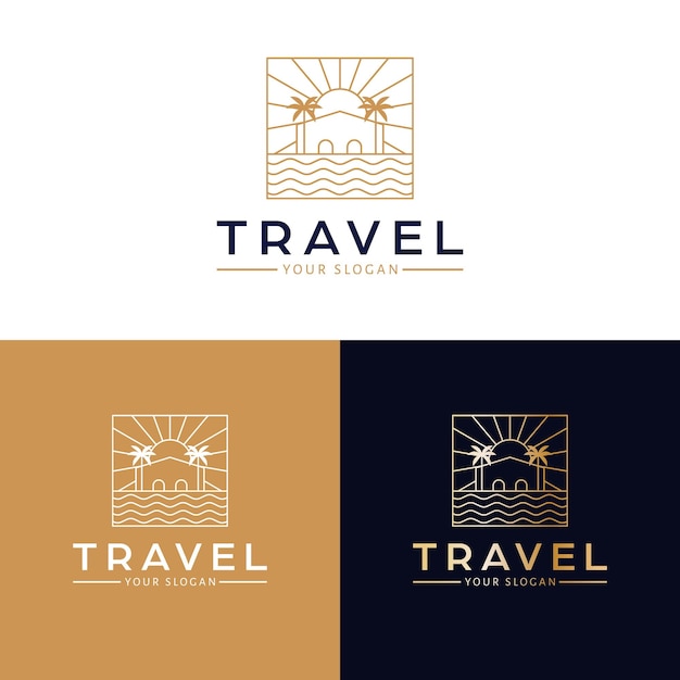 Reizen vector logo ontwerp Villa met palmen en oceaan logo Tropisch logo sjabloon