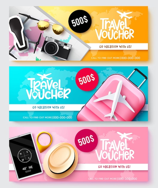 Reizen voucher vector banner decorontwerp Reizen vakantie voucher tekst collectie met vlucht