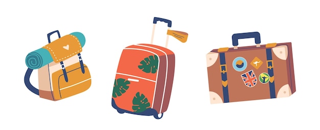 Reiziger items pictogrammen rugzak met mat koffer en bagage met stickers geïsoleerd op een witte achtergrond bagage en bagage voor de reis van de zomer reis reizen objecten cartoon vectorillustratie