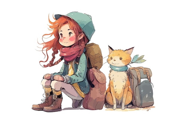 Reiziger meisje met een kat Vector illustratie ontwerp