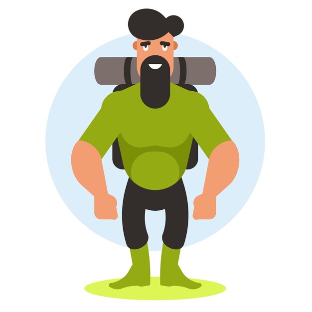 Vector reiziger met een grote baard met een rugzak in groene laarzen vectorgrafiek