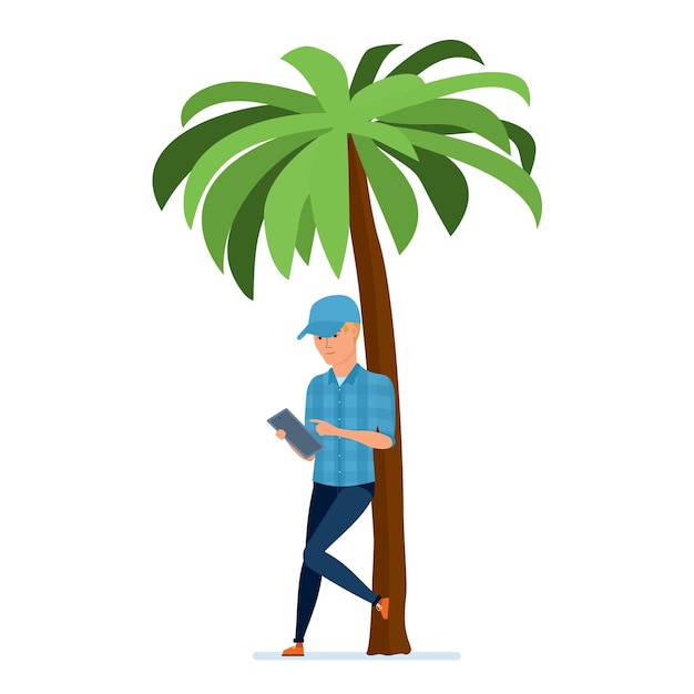 Reiziger staat onder palmboom kijkt informatie in tablet communiceert