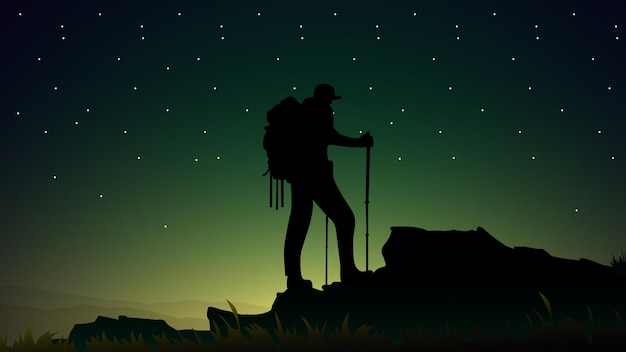 Reizigers klimmen met rugzak en reiswandelstokken, silhouet van een persoon in de bergen
