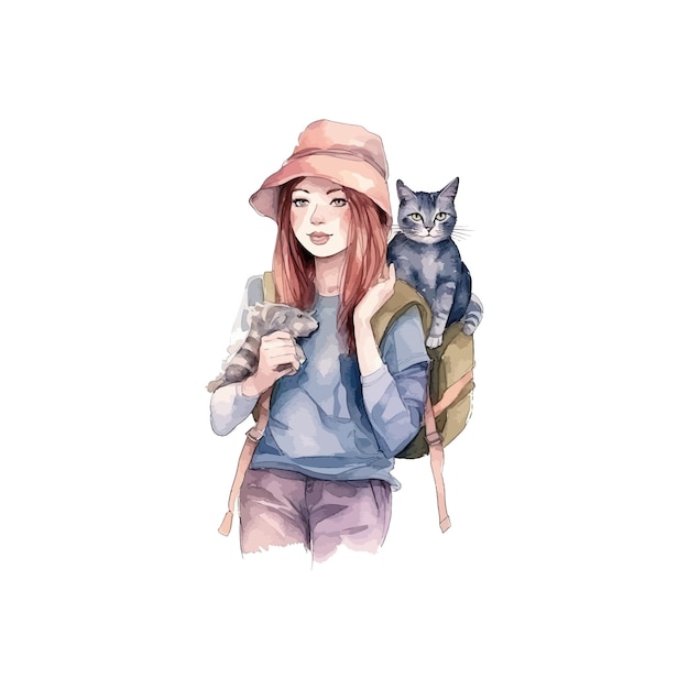 Reizigersmeisje met een kat Vector illustratie ontwerpen