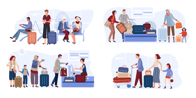 Reizigersmensen in luchthavenzitkamer met kaartjes, koffer op hand getrokken luchtvaartlijnillustratie