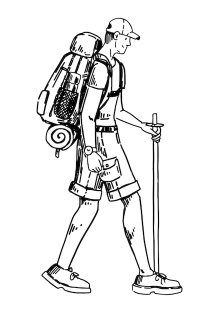 Reizigersschets toeristische clipart Doodle van een man die met een rugzak loopt Met de hand getekende vectorillustratie