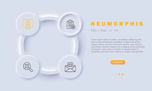 Icona del set di scarto monitor del computer con lettera di ingrandimento per appunti a croce busta e-mail comunicazione concetto aziendale neomorfismo icona linea vettoriale per affari e pubblicità