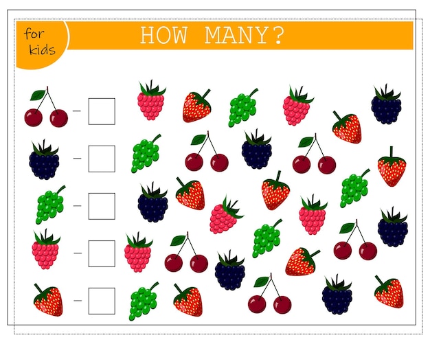 Rekenspel voor kinderen tellen hoeveel er zijn frambozen aardbeien druiven kersen