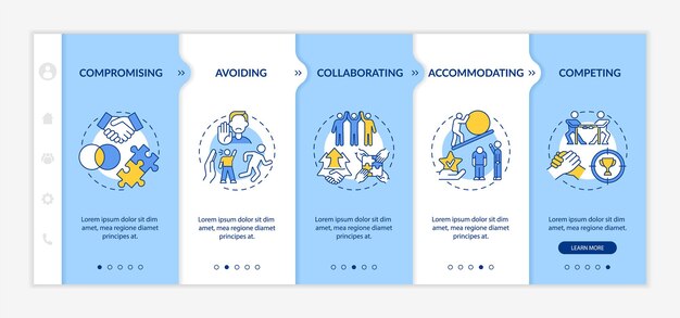 Relation problems resolution onboarding vector template. Responsive mobile website with icons. Web page walkthrough 5 step screens. Communication color concept with linear illustrations