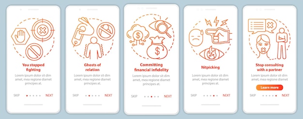 Difficoltà relazionali durante l'onboarding della schermata della pagina dell'app mobile con concetti lineari ghost of relations procedura dettagliata istruzioni grafiche ux ui gui modello vettoriale con illustrazioni