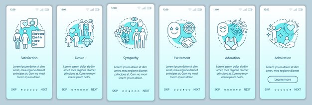 Modello vettoriale dello schermo della pagina dell'app mobile per l'onboarding dei sentimenti di relazione