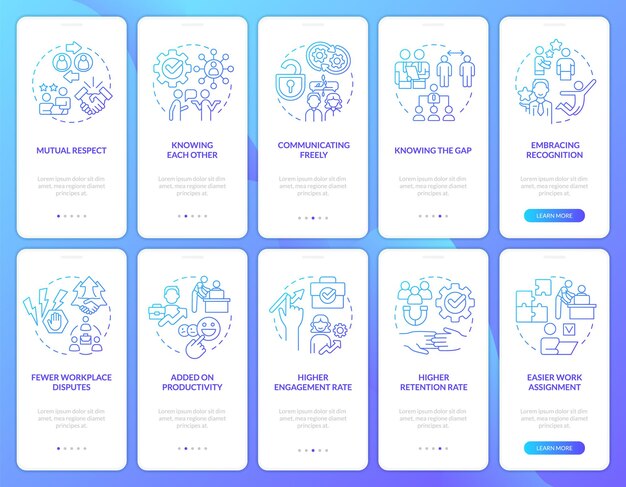 Relationship with employees blue gradient onboarding mobile app screen set