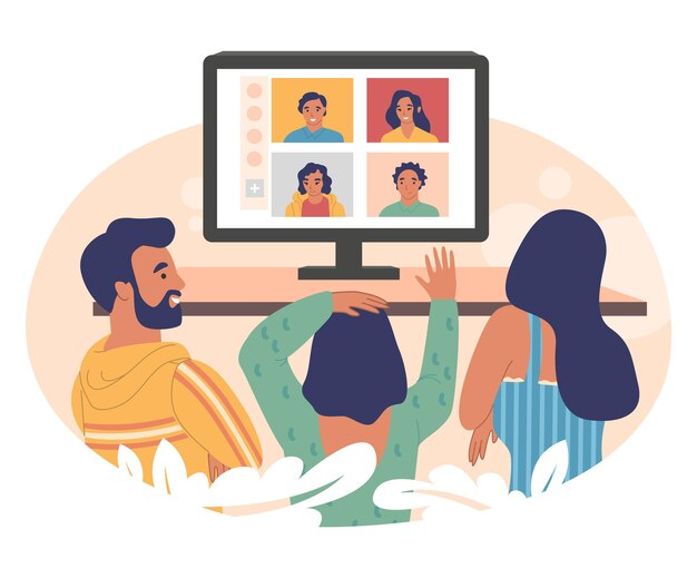 Vettore parenti che comunicano online tramite chat di videochiamata di gruppo, illustrazione vettoriale. incontro di famiglia virtuale. video conferenza.