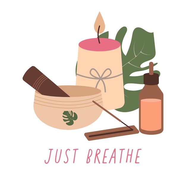 Relax composition with items for meditation Hand drawn aroma oil singing bowl candle aromatic