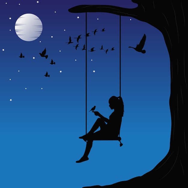 Rilassati una ragazza è seduta su un'altalena godendosi la notte molti uccelli volano