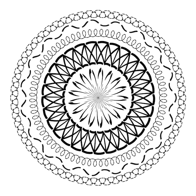Расслабляющая мандала Абстрактная этническая модель Монохромный круглый орнамент Традиционный индийский медитирующий контурный круг Восточная татуировка Декоративная геометрическая форма симметрии Векторная иллюстрация