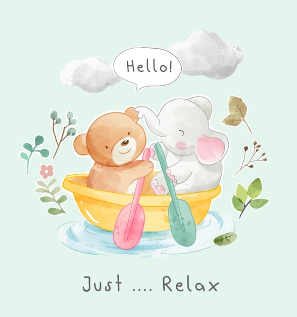 relax slogan with cartoon animal paddling illustration