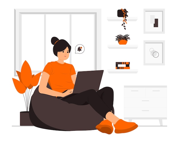 Relax woman sitting floor using laptop illustration