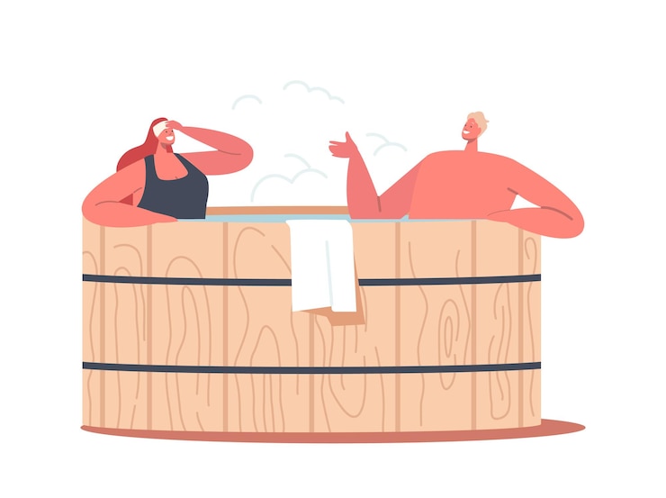 Vector relaxation, body care therapy, wellness, hygiene, honeymoon date. young man and woman couple sitting in wooden bath with water taking sauna and spa water procedure. cartoon people vector illustration