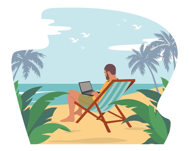 Vector relaxed businessman freelancer in summer wear sitting on daybed on exotic tropical beach with palm trees work on laptop