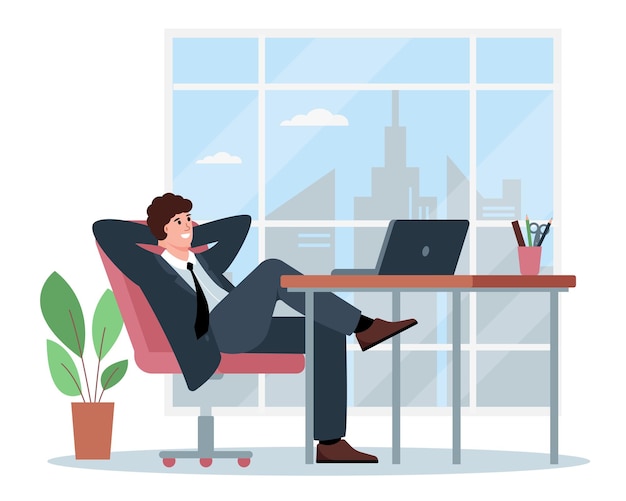 Relaxed businessman sitting in armchair at desk with computer Young man character resting in office