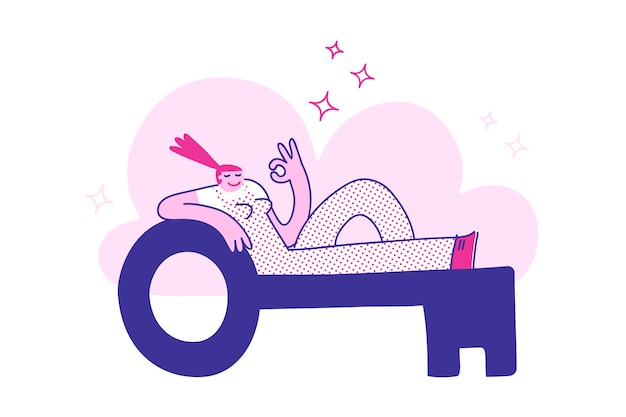 Vector relaxed and confident young woman lying on a giant key