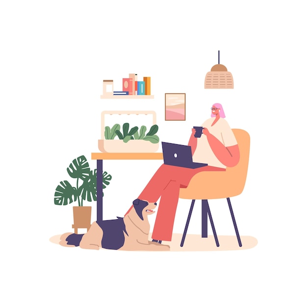 Расслабленный женский персонаж, сидящий дома с кофе и ноутбуком, с оборудованием для выращивания зеленых растений на столе для культивирования трав, женщина, выращивающая растения в помещении, мультфильмы, люди, векторная иллюстрация