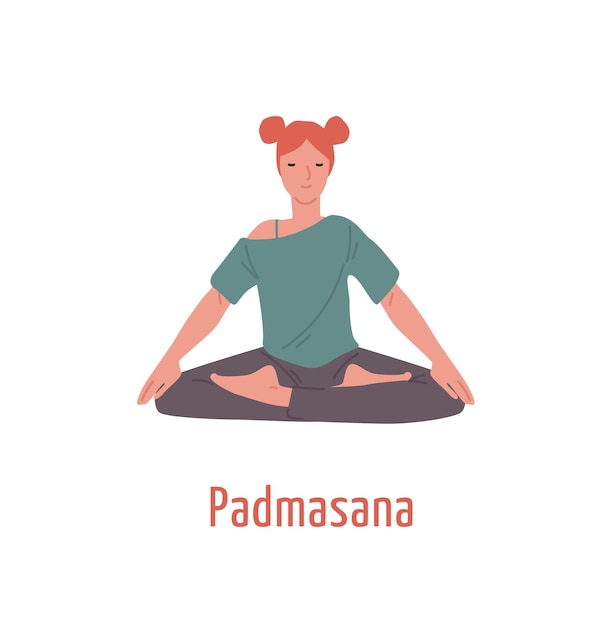 Ragazza rilassata con gli occhi chiusi che si siede nell'illustrazione piana di vettore di posizione padmasana. meditazione yogi donna nella posa del loto isolato su sfondo bianco. yoga di pratica femminile di sport.