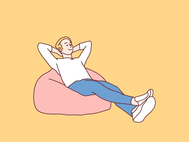 Relaxed joyfull young man lean on beanbag simple korean style illustration
