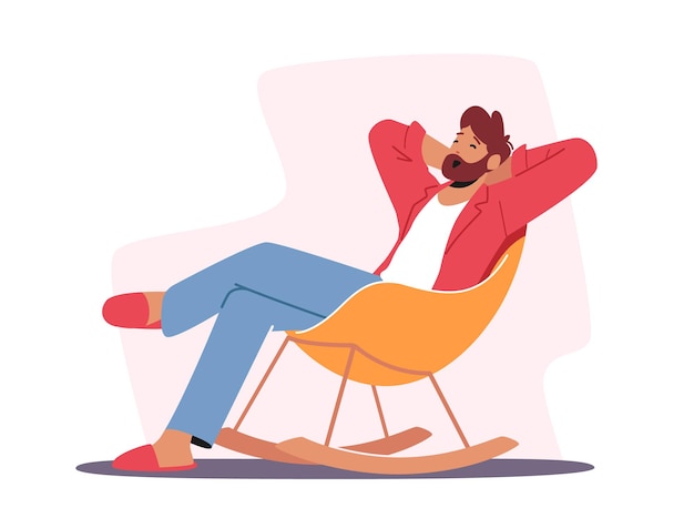 Вектор Расслабленный мужской персонаж в домашней одежде и тапочках, сидящий в удобном кресле, зевая, отдыхающий мужчина дома после работы или в выходные